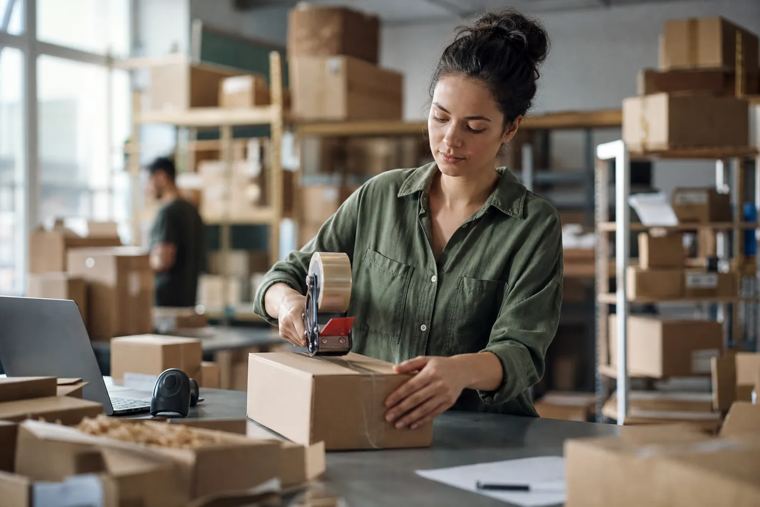 Entrepôt logistique avec cartons de colis prêts à expédier et un opérateur scannant un colis, ambiance e-commerce
