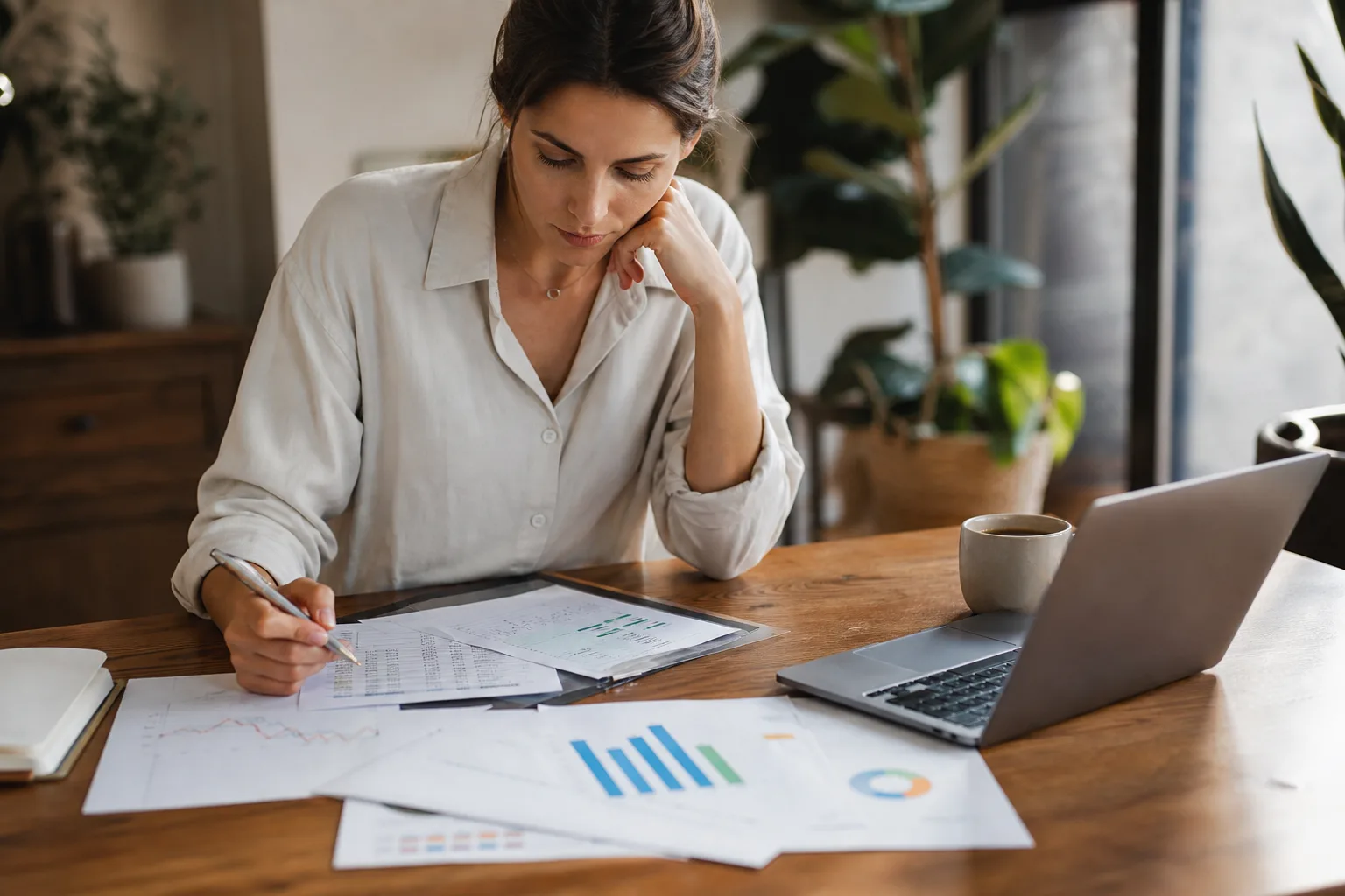 Une personne compare deux relevés de placement financier sur une table en bois, avec un ordinateur portable et une tasse de café