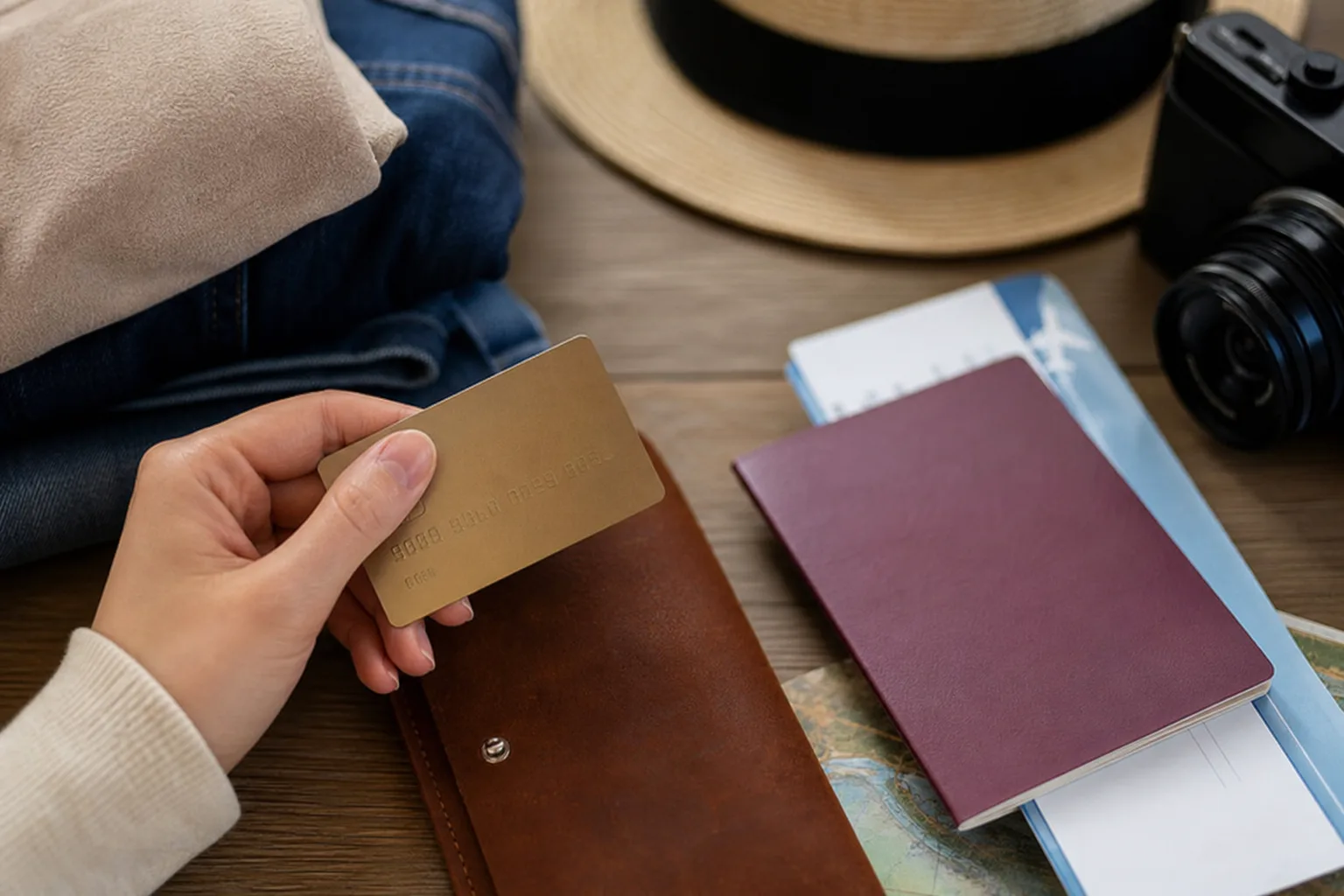 Une carte bancaire haut de gamme posée sur un passeport et un billet d'avion, à côté d'une valise, lumière naturelle chaleureuse