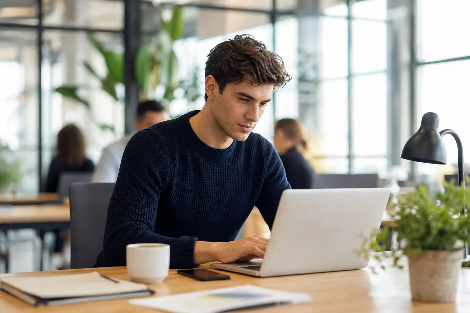 Un entrepreneur travaille sur son ordinateur portable dans un espace de coworking lumineux, documents administratifs sur la table