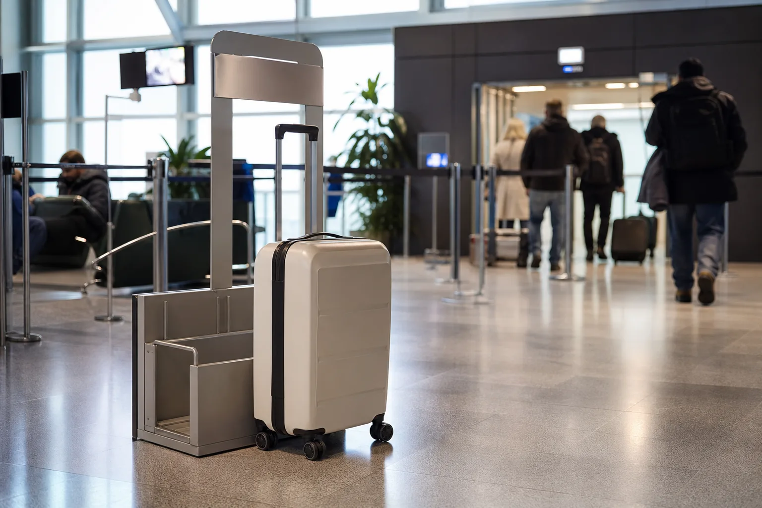 Une valise cabine rigide posée près d'un gabarit de mesure métallique dans un hall d'aéroport