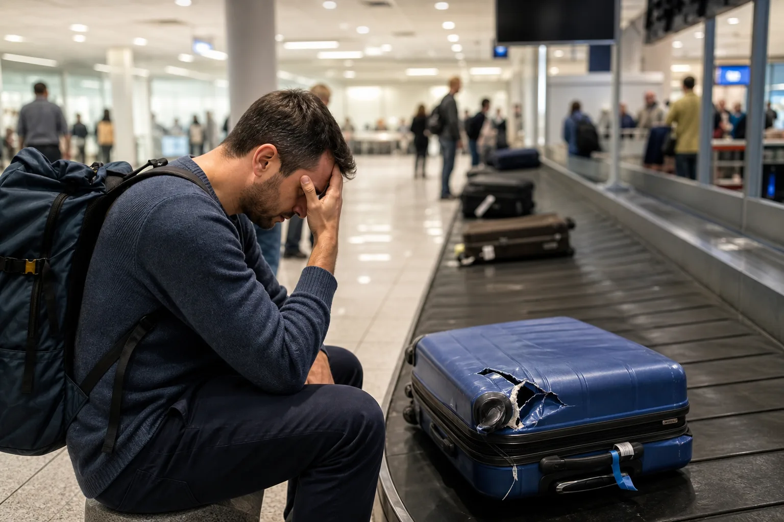 Un voyageur remplit une déclaration de bagage perdu au comptoir des objets trouvés d'un aéroport, tapis à bagages vide en arrière-plan