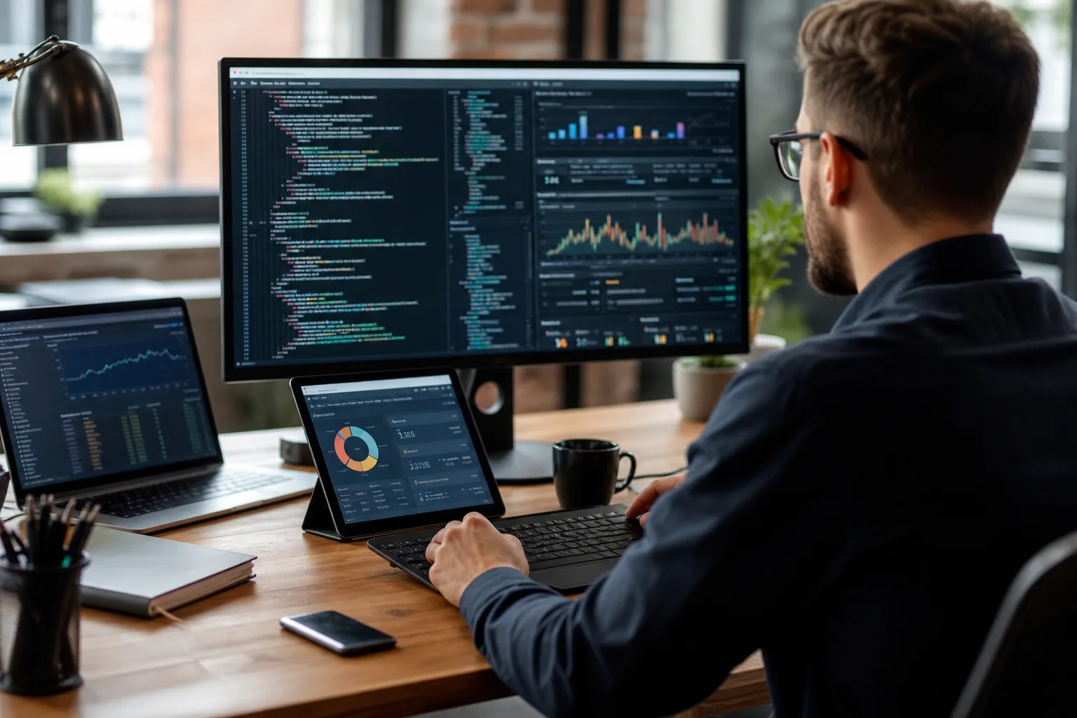 Un expert SEO analyse le code source et des tableaux de bord d'audit technique sur plusieurs écrans dans un bureau moderne