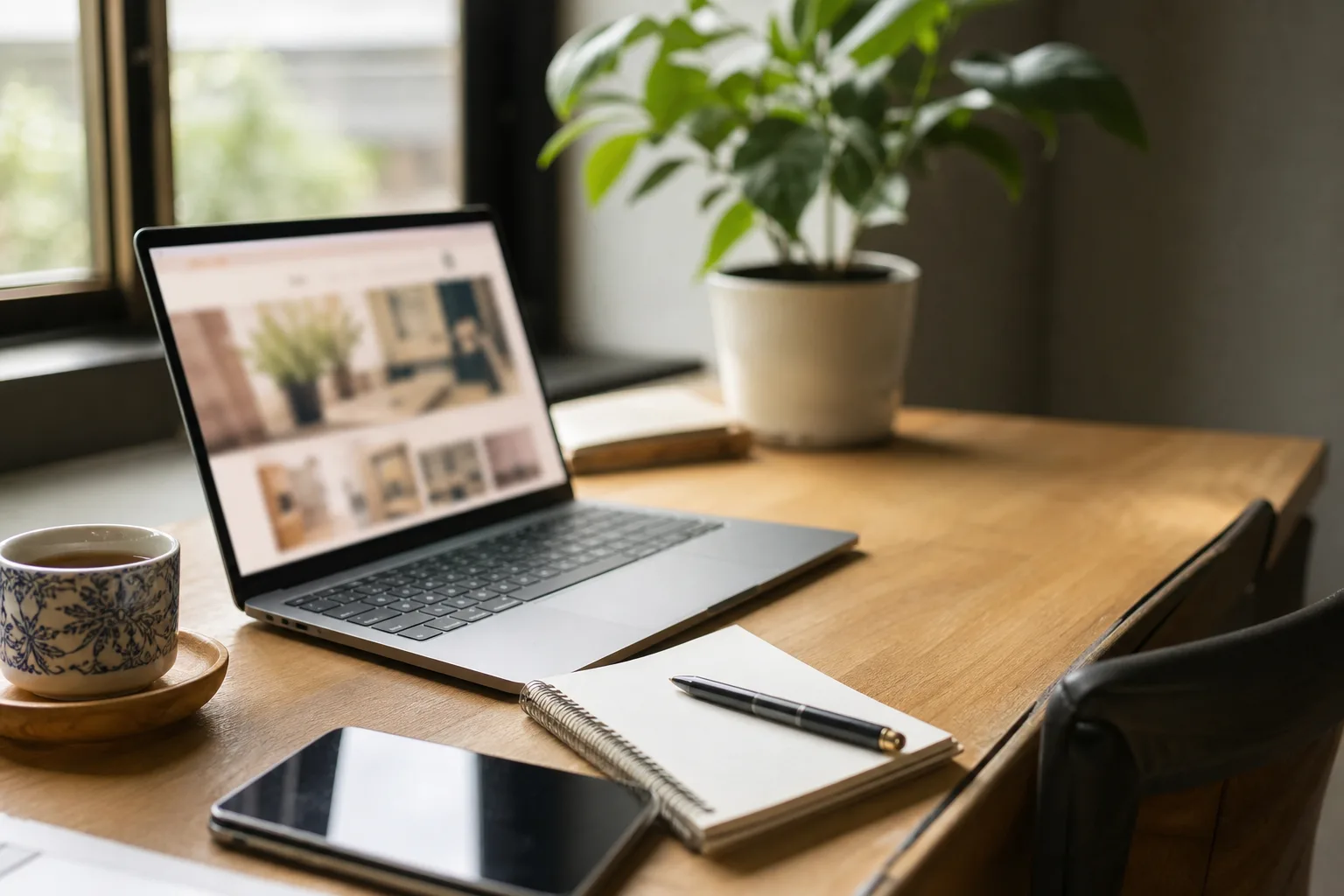 Ordinateur portable posé sur un bureau clair affichant une page web, à côté d'un carnet et d'une tasse, dans un espace de travail épuré