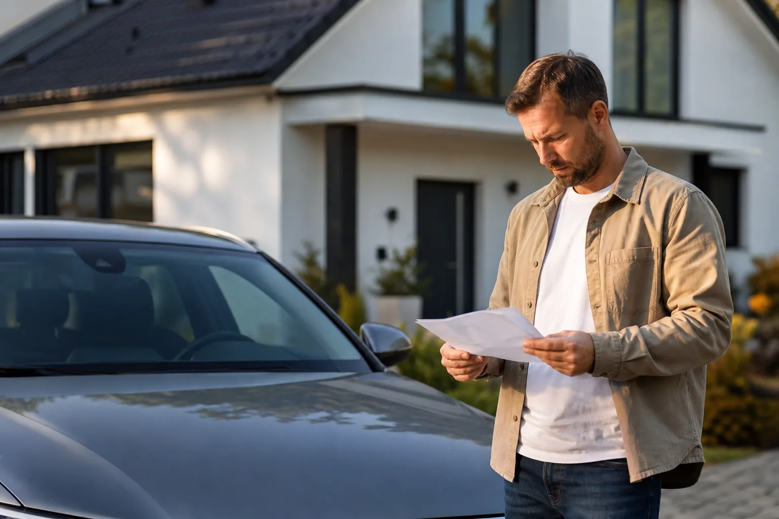 Un conducteur examine son relevé d'information d'assurance auto à côté de sa voiture garée devant une maison, lumière naturelle