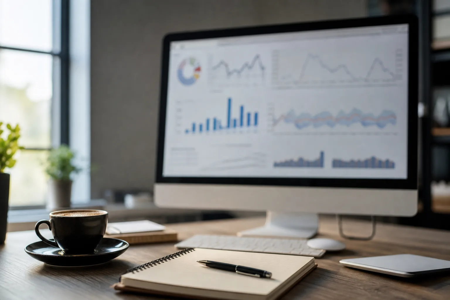 Écran d'ordinateur affichant un tableau de bord de statistiques de trafic web, avec un carnet de notes et un stylo posés devant