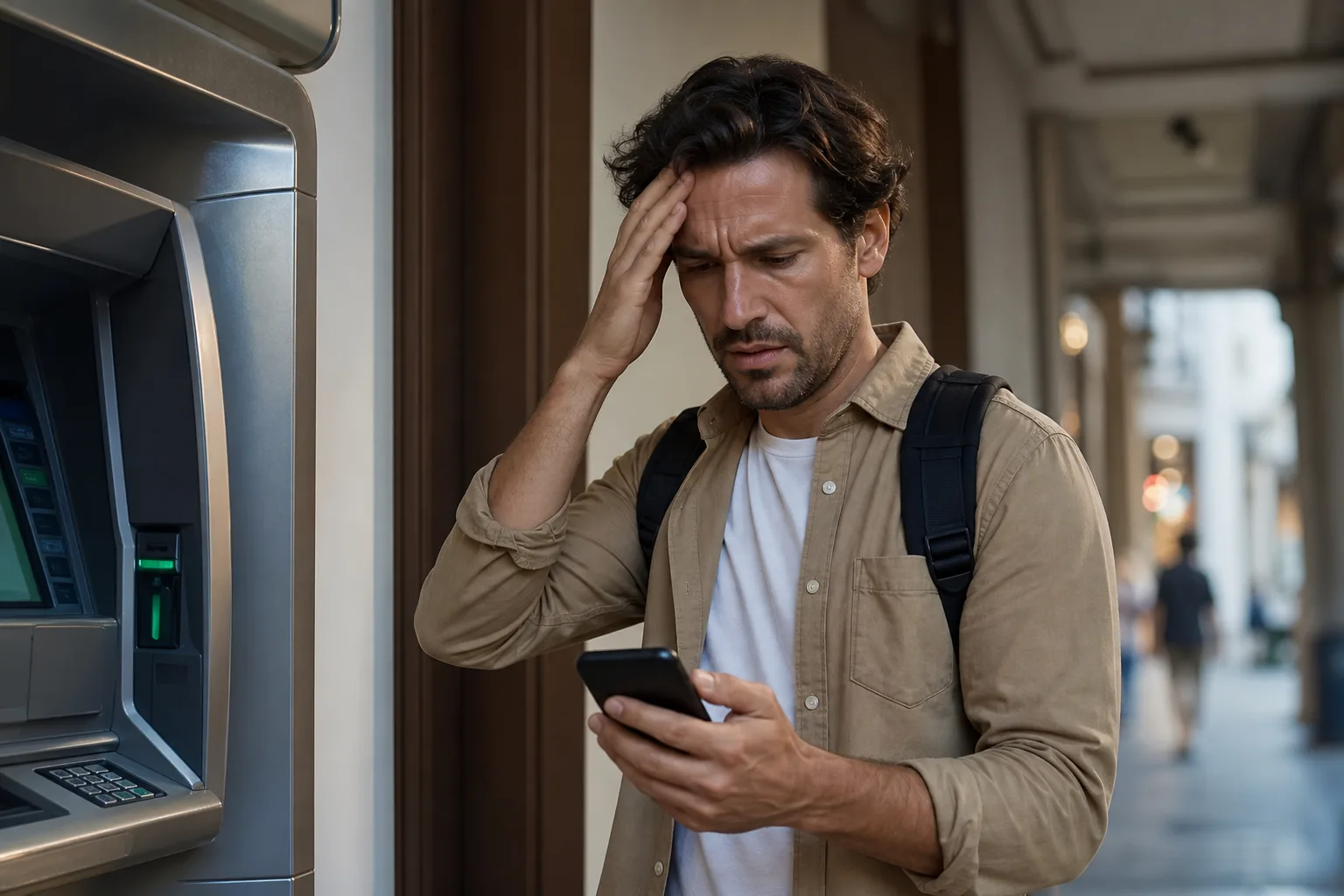 Voyageur consultant son application bancaire sur smartphone devant un distributeur automatique à l'étranger, carte bancaire bloquée