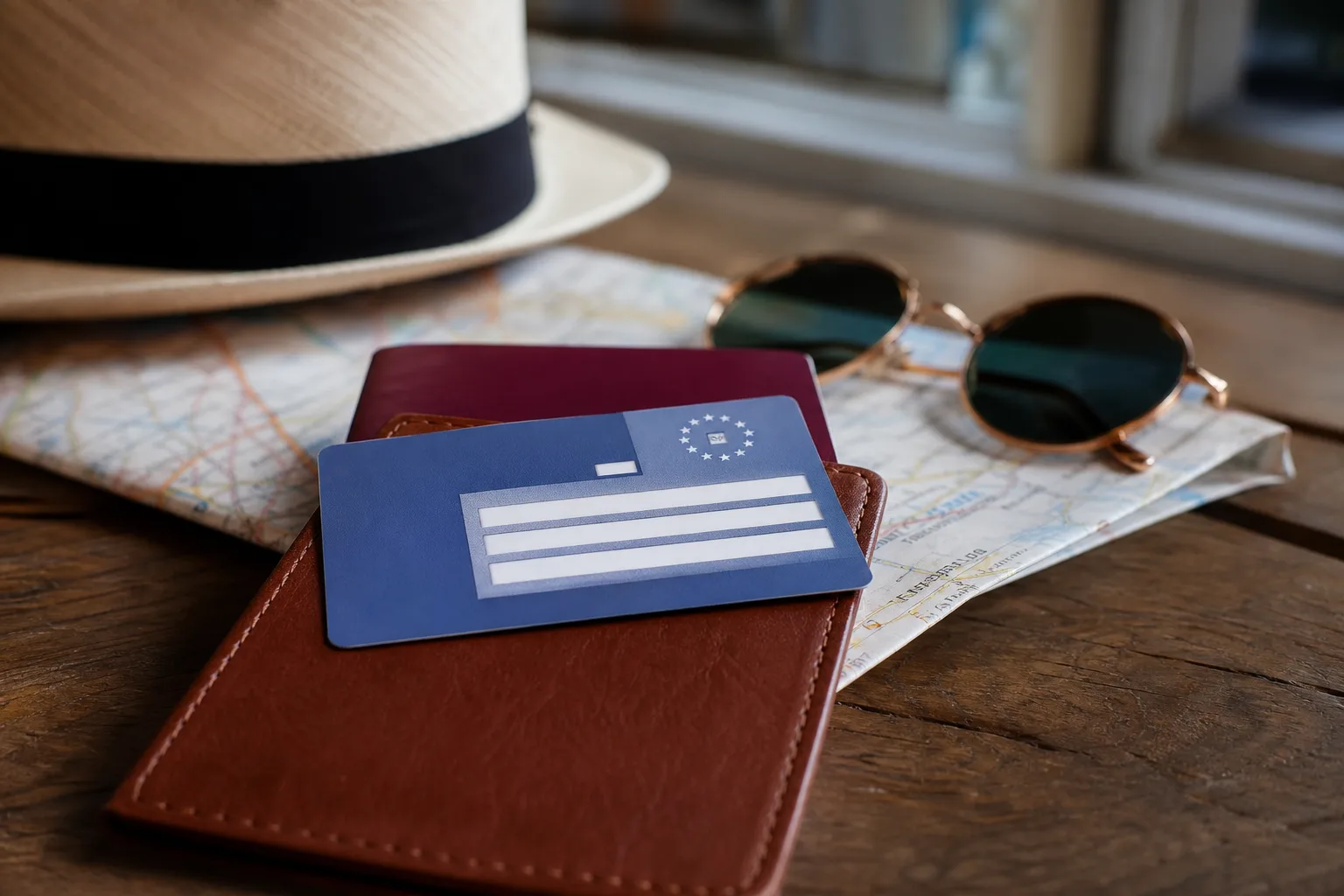 Voyageur consultant des documents administratifs et une carte d'assurance devant une carte d'Europe, valise en arrière-plan