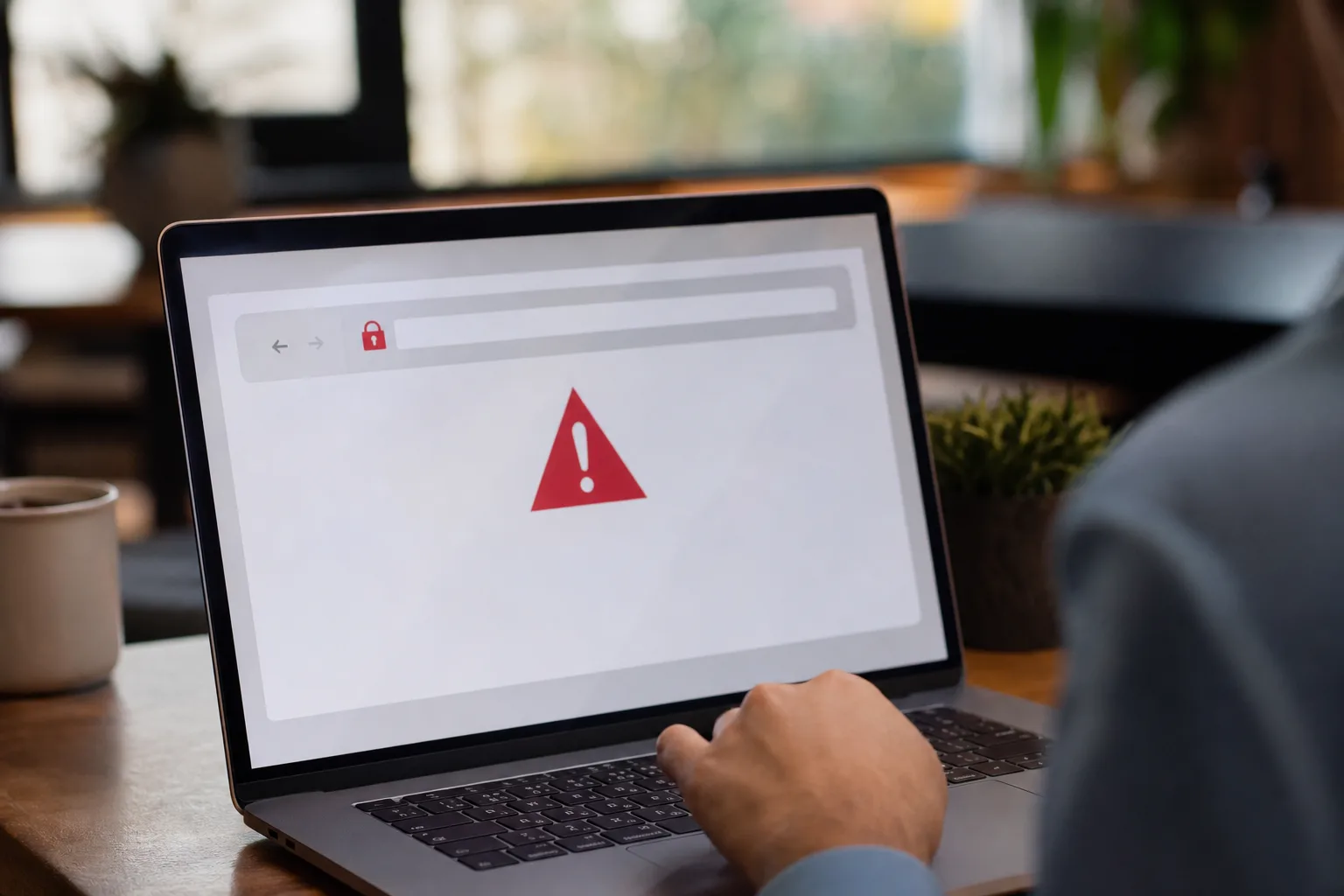 Développeur consultant un terminal et un écran affichant un avertissement de sécurité de navigateur, ambiance bureau technique