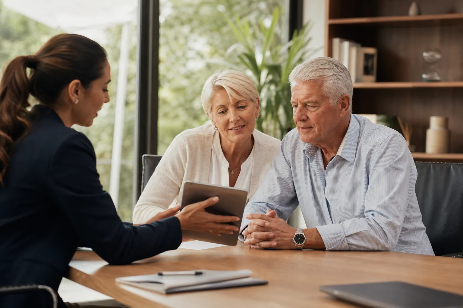 Une conseillère financière explique une clause de contrat d'assurance-vie à un couple senior autour d'une table, lumière naturelle