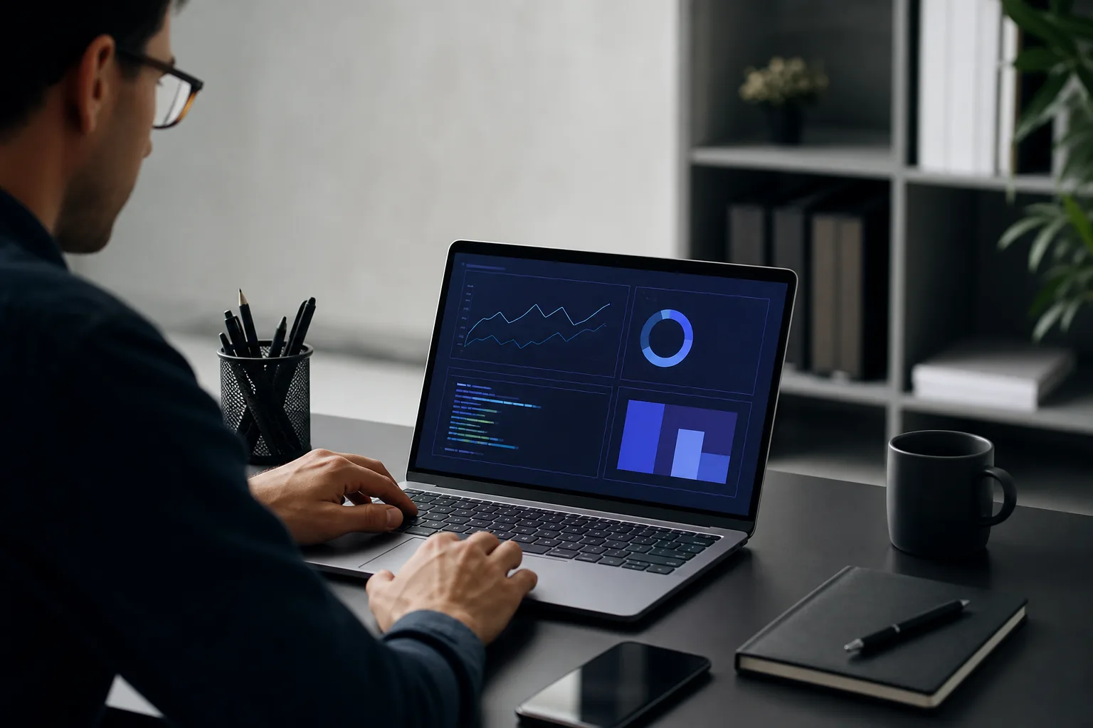 Un développeur consulte un rapport de performance web sur un ordinateur portable, dans un bureau lumineux et épuré