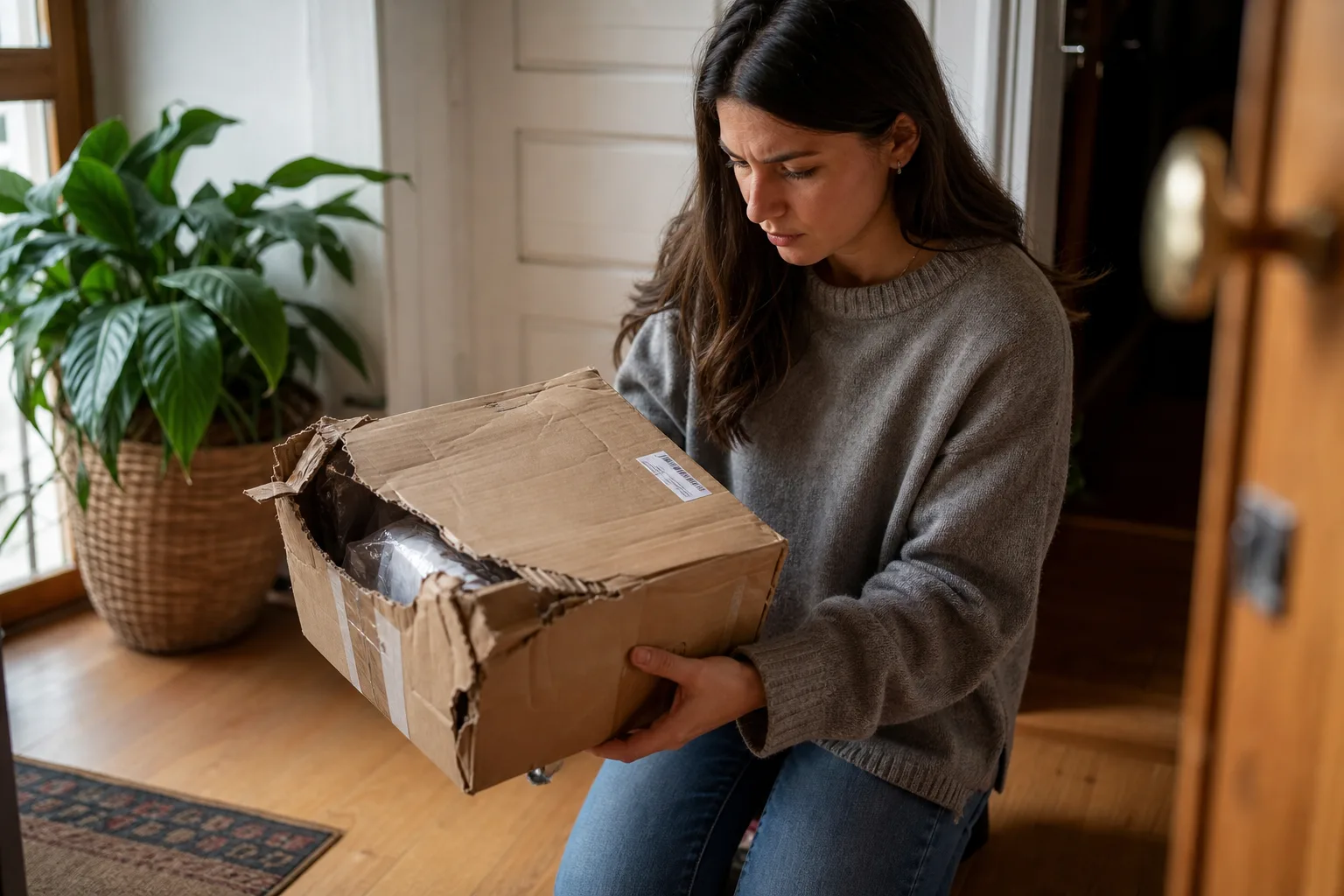 Personne ouvrant un carton de livraison endommagé sur une table, à côté d'un smartphone affichant un suivi de colis