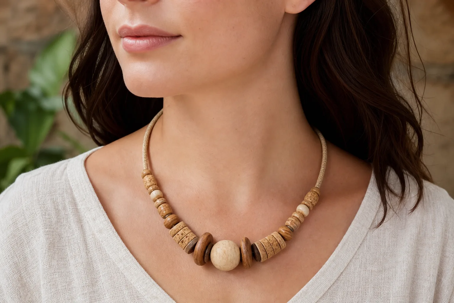 Collier bois liège couleur naturelle : Collier bois liège aux teintes naturelles douces