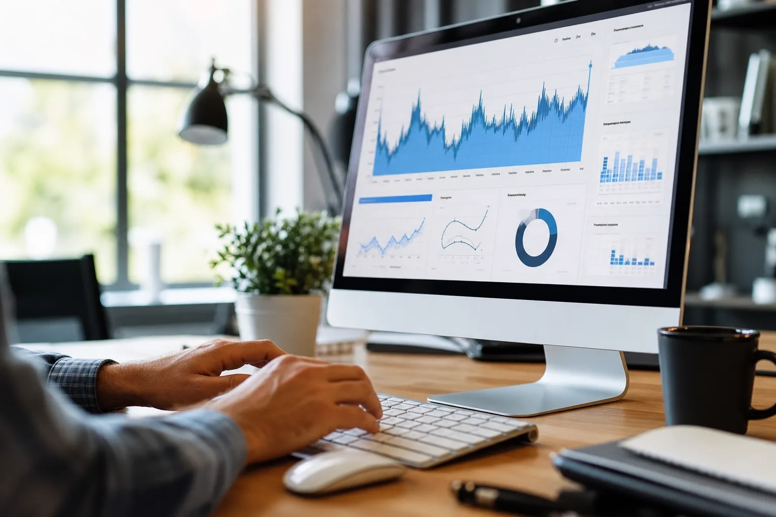 Écran d'ordinateur affichant une console d'analyse de site web avec des courbes de trafic