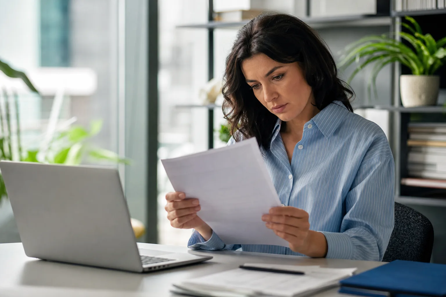 Une salariée examine attentivement son bulletin de salaire imprimé à son bureau, ordinateur portable ouvert à côté