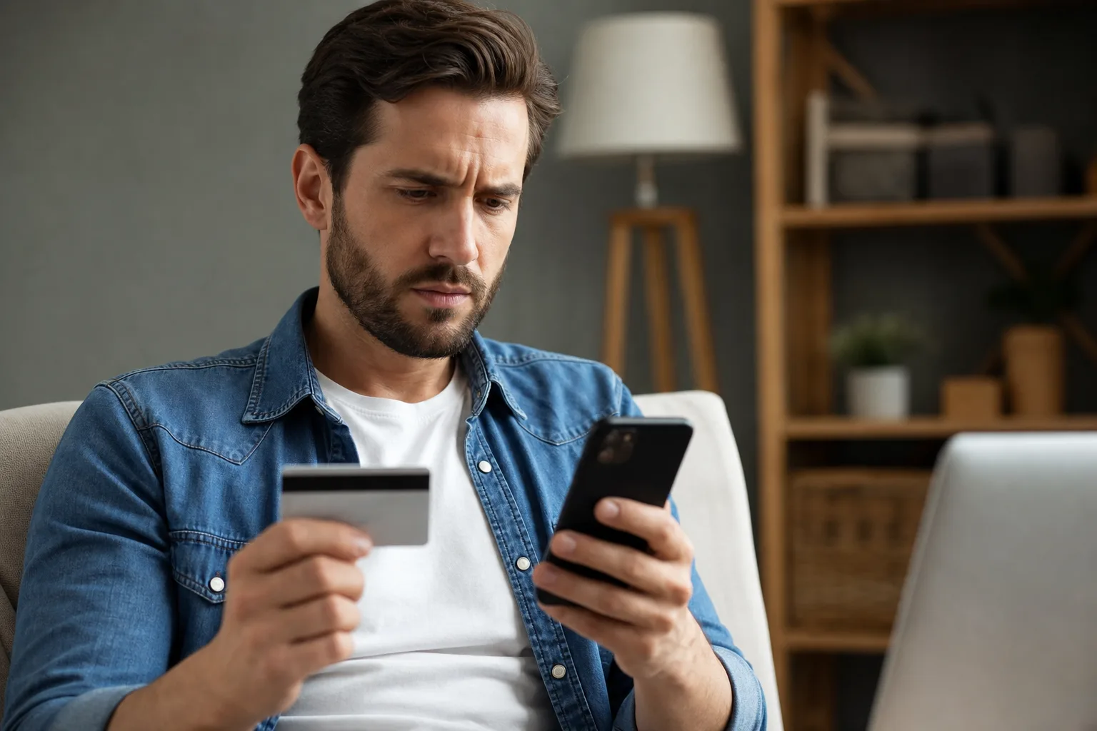 Un homme préoccupé consulte son application bancaire sur son smartphone tout en tenant sa carte bancaire dans un salon