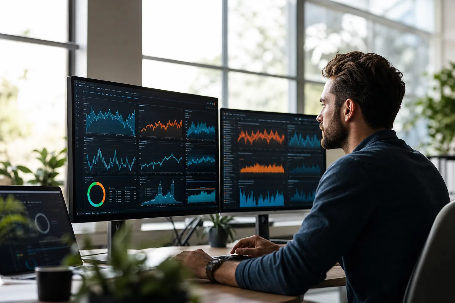 Un développeur analyse des courbes de performance web sur plusieurs écrans dans un bureau lumineux