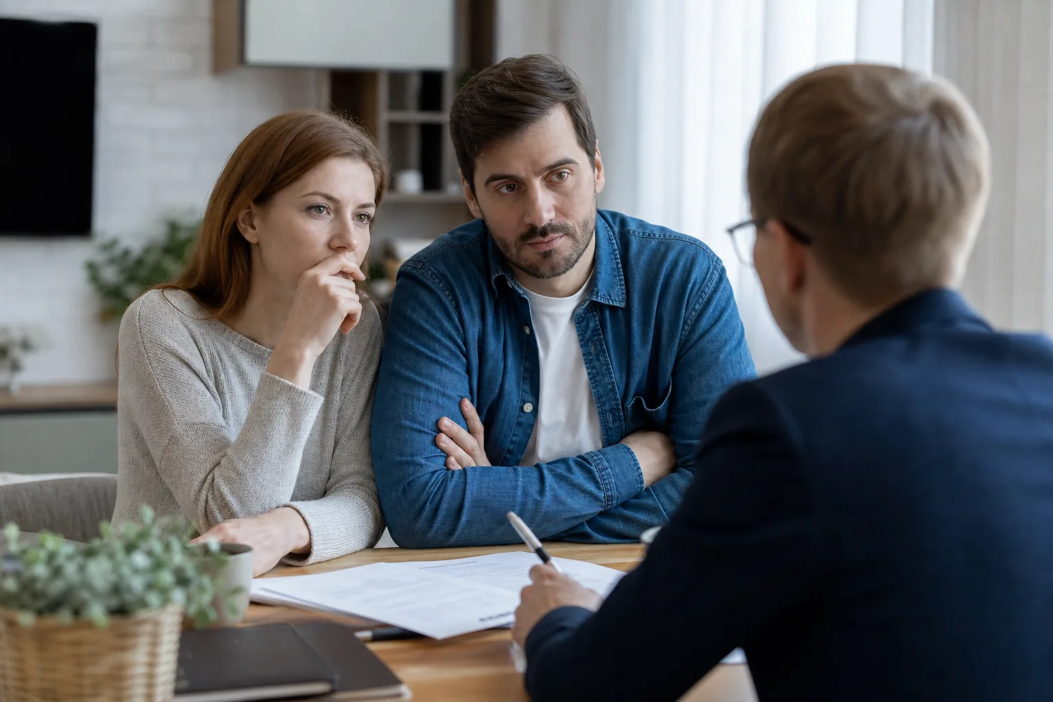 Un couple assis face à un conseiller bancaire, en train d'examiner des documents de prêt immobilier sur un bureau