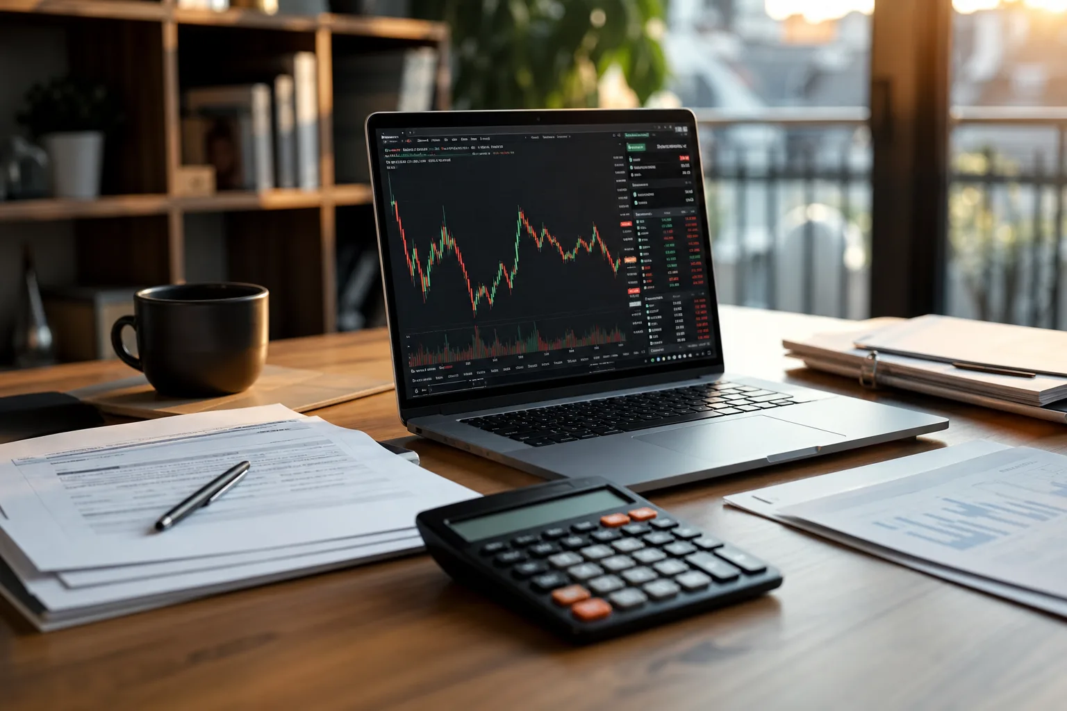 Écran affichant des graphiques de cours de cryptomonnaies à côté d'une déclaration de revenus et d'une calculatrice