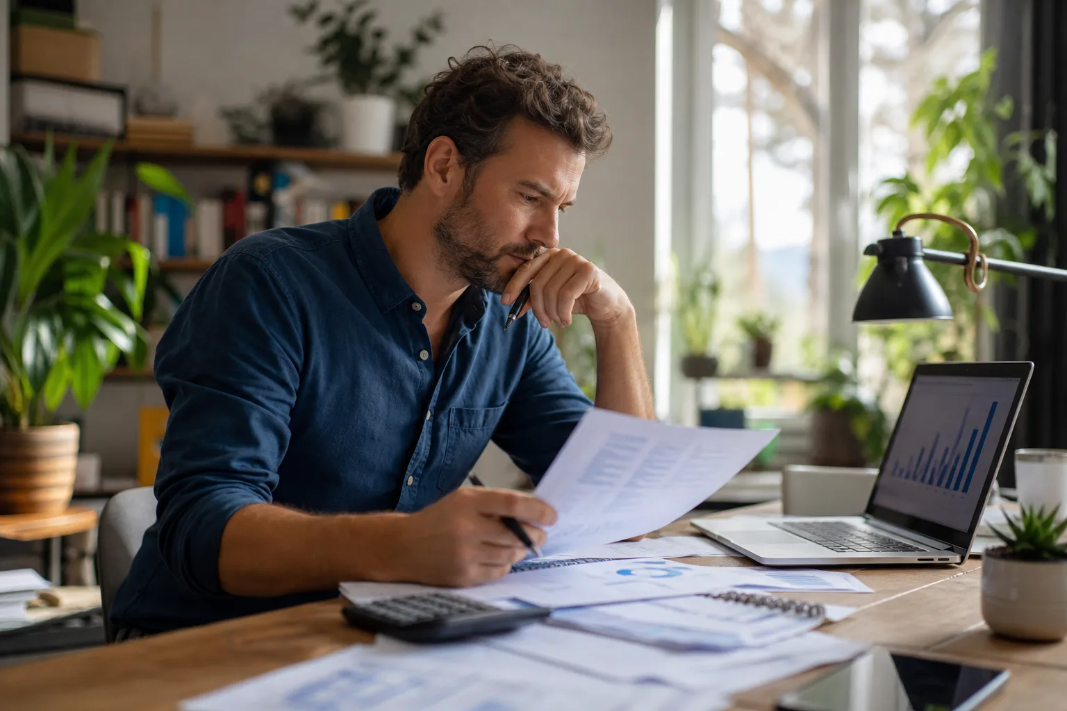 Un entrepreneur indépendant consulte ses factures et son tableau de chiffre d'affaires sur un ordinateur portable, dans un bureau lumineux