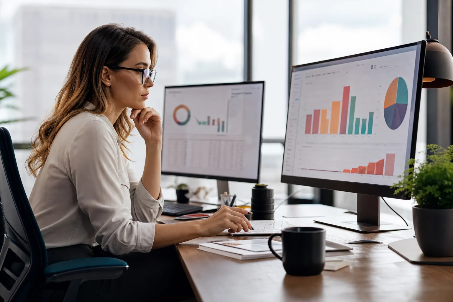 Spécialiste SEO analysant un profil de liens entrants sur plusieurs écrans d'ordinateur dans un bureau moderne