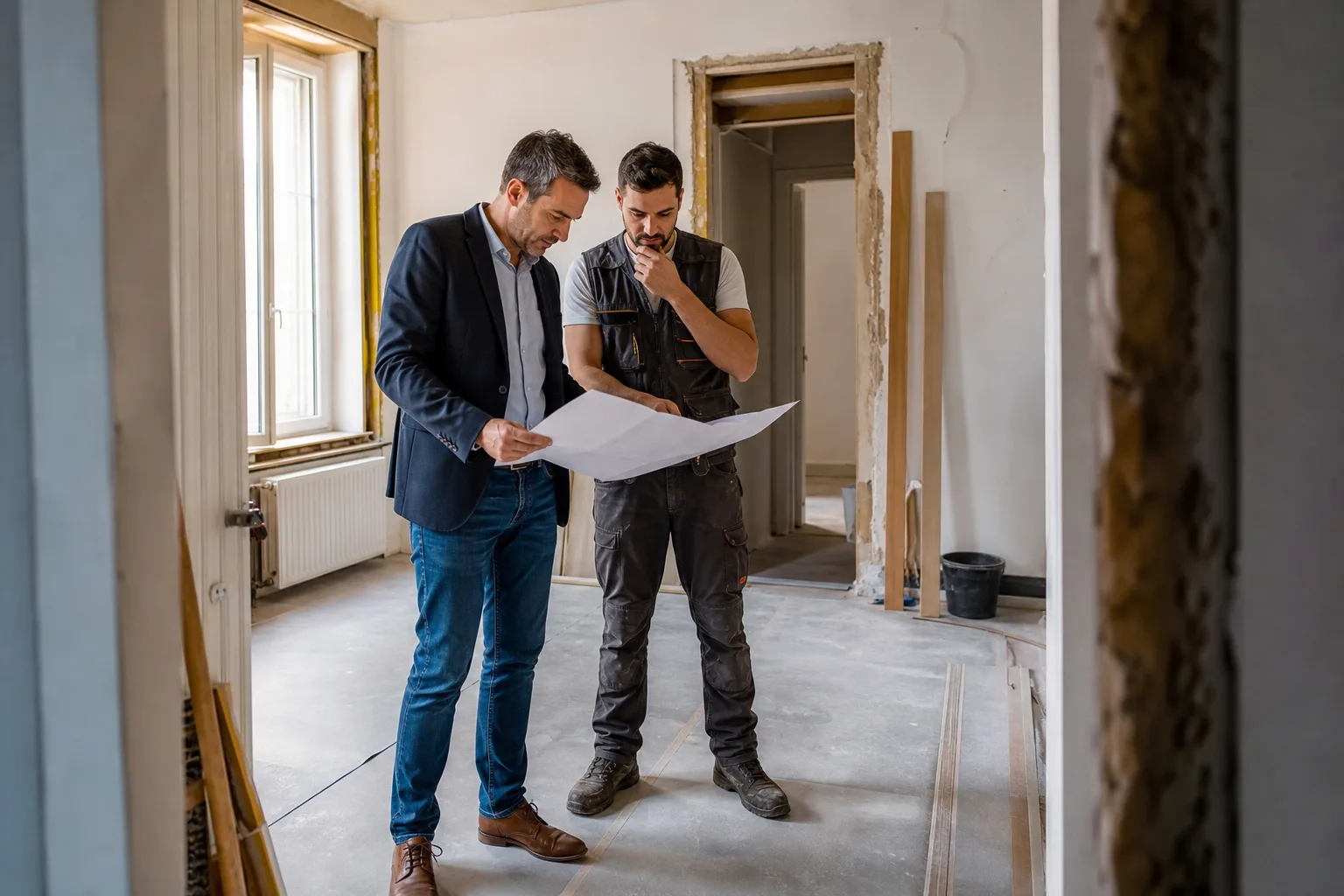 Un propriétaire examine un devis de travaux avec un artisan dans une maison en cours de rénovation, lumière naturelle