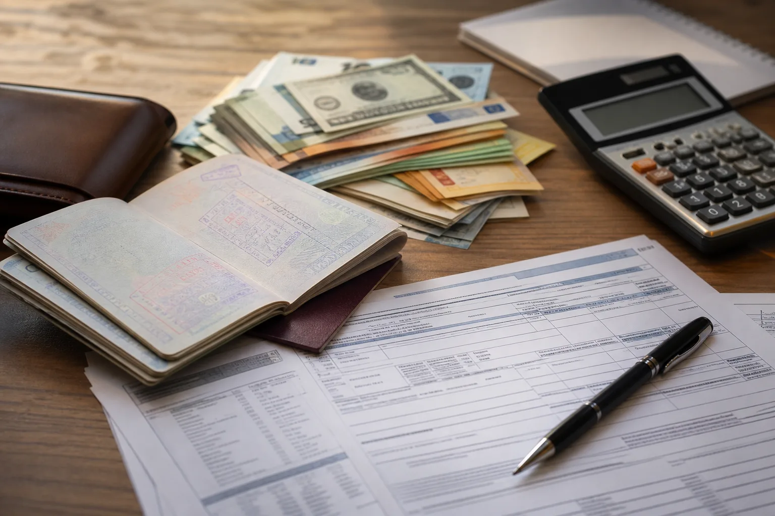Bureau avec passeport, billets de banque de différentes devises et formulaire fiscal, lumière naturelle douce