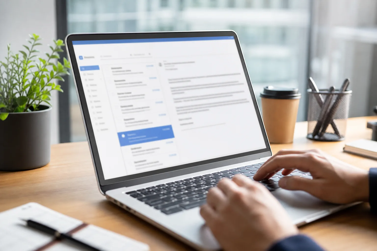 Écran d'ordinateur affichant une boîte de réception avec un dossier spam ouvert, ambiance bureau lumineuse