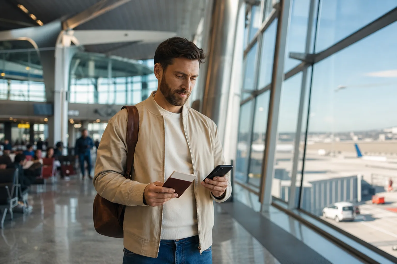 Voyageur consultant une autorisation de voyage électronique sur son smartphone dans un aéroport européen, passeport à la main