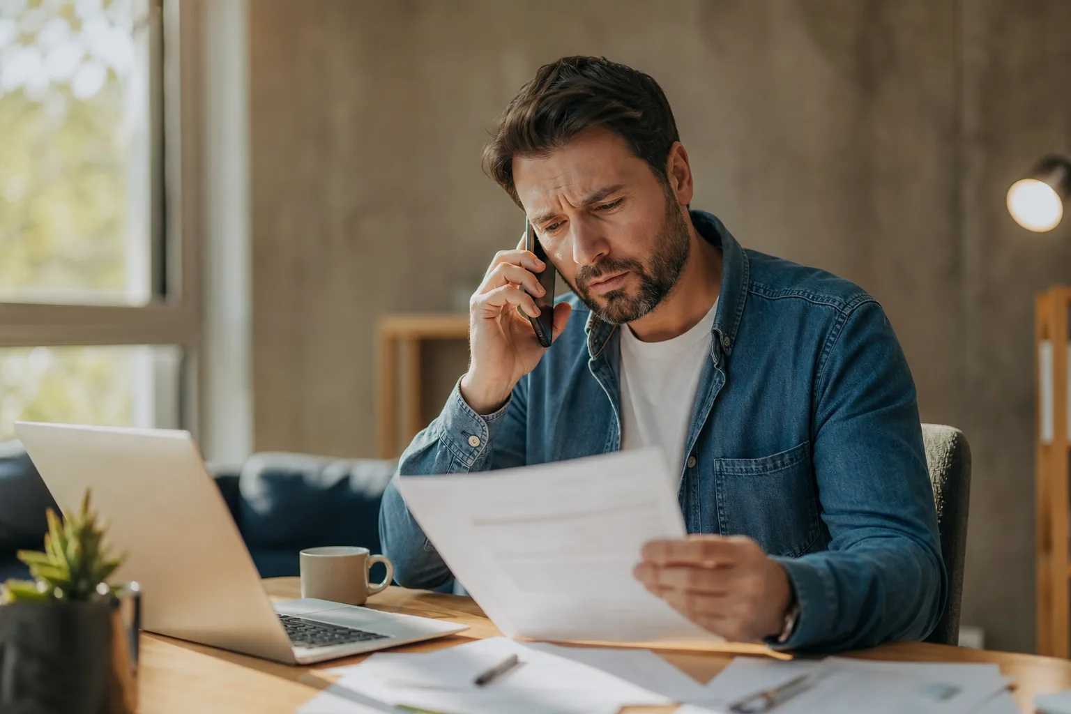 Un indépendant consulte une facture en retard de paiement sur son ordinateur portable, entouré de documents comptables, dans un bureau lumineux