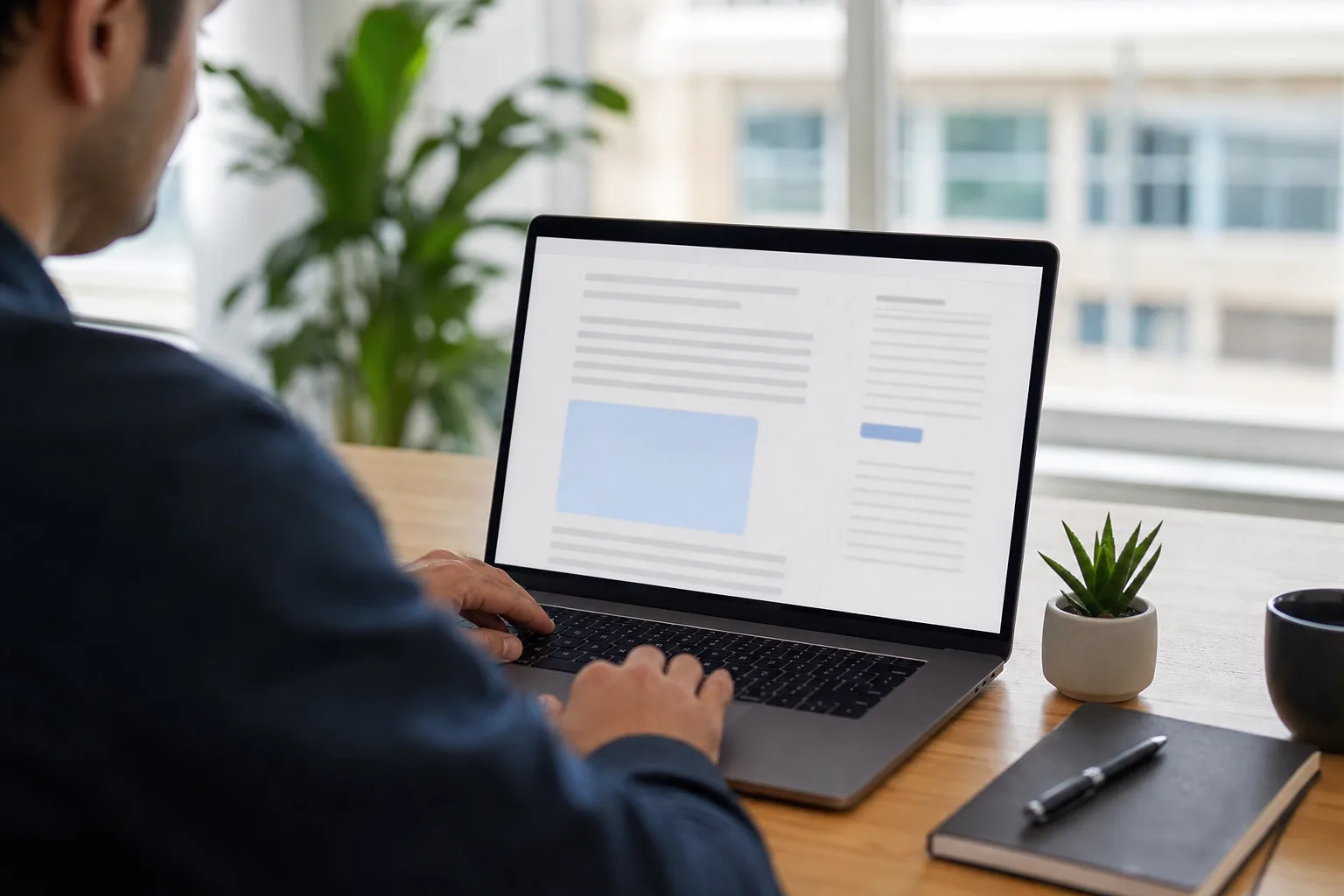 Personne consultant des résultats de recherche sur un ordinateur portable dans un espace de travail lumineux