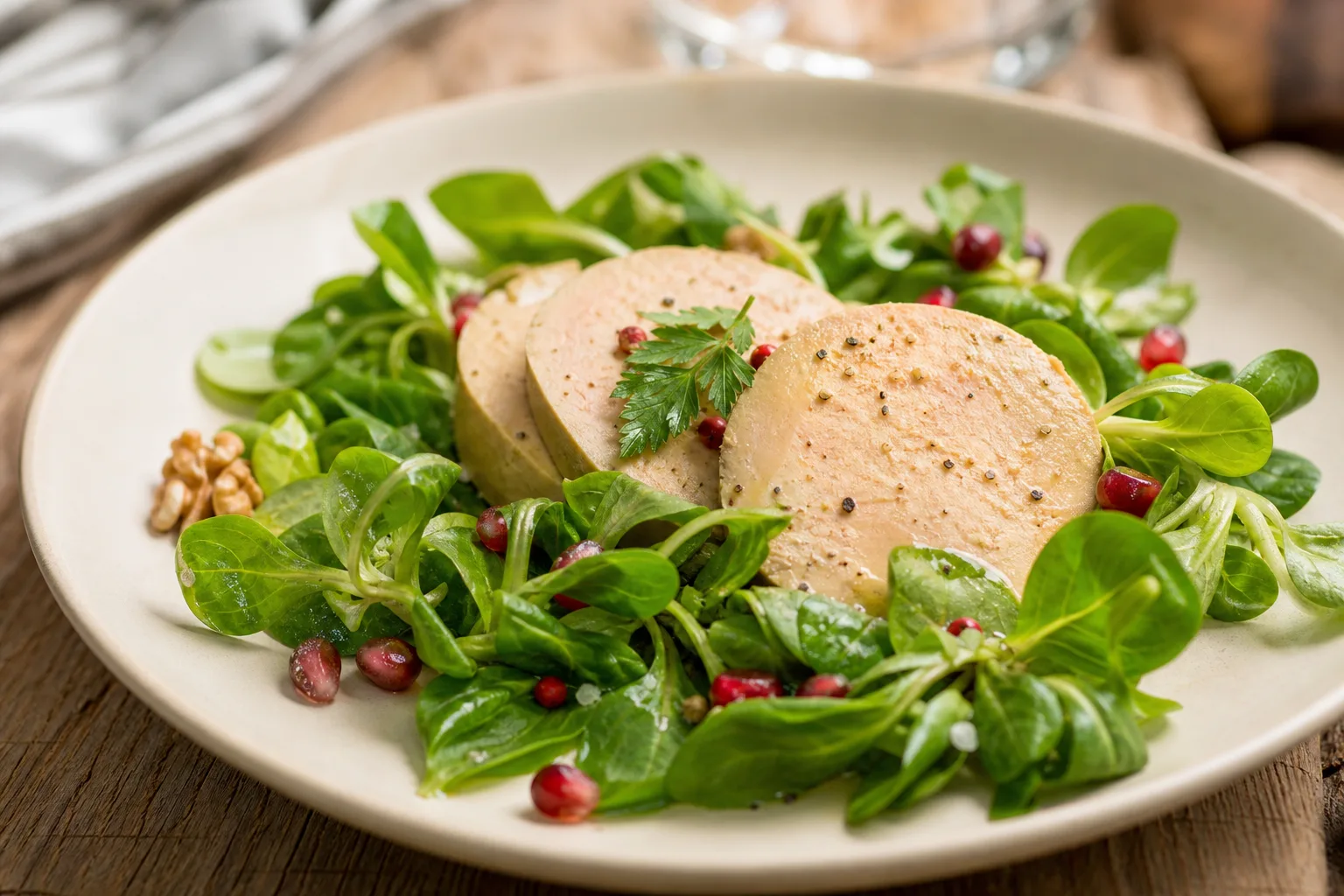 Foie gras avec salade de mâche : Foie gras servi sur un lit de mâche, entrée fraîche et gourmande