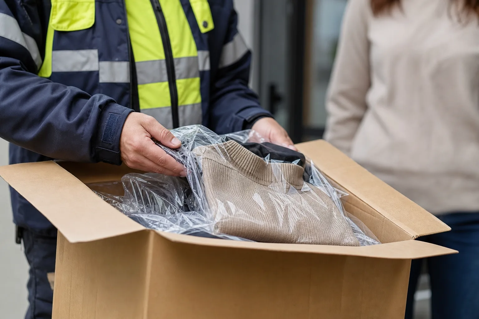 Personne ouvrant un colis international à son domicile, avec un smartphone affichant une boutique en ligne à côté