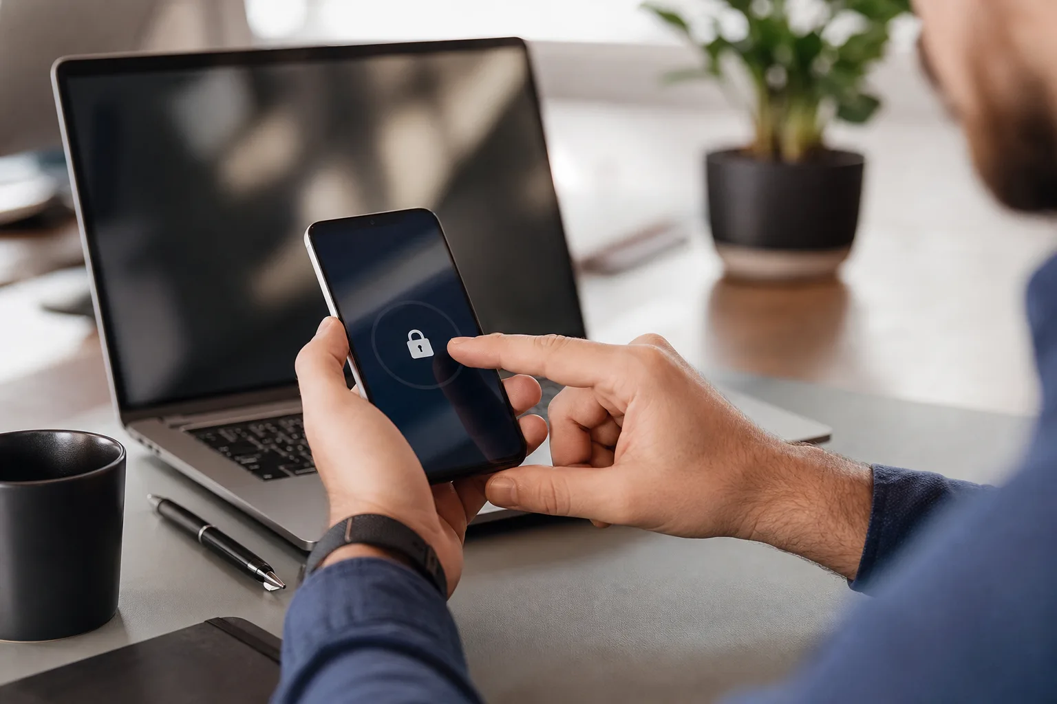 Une personne déverrouille une application de gestion de mots de passe sur son smartphone, ordinateur portable ouvert à côté, bureau lumineux