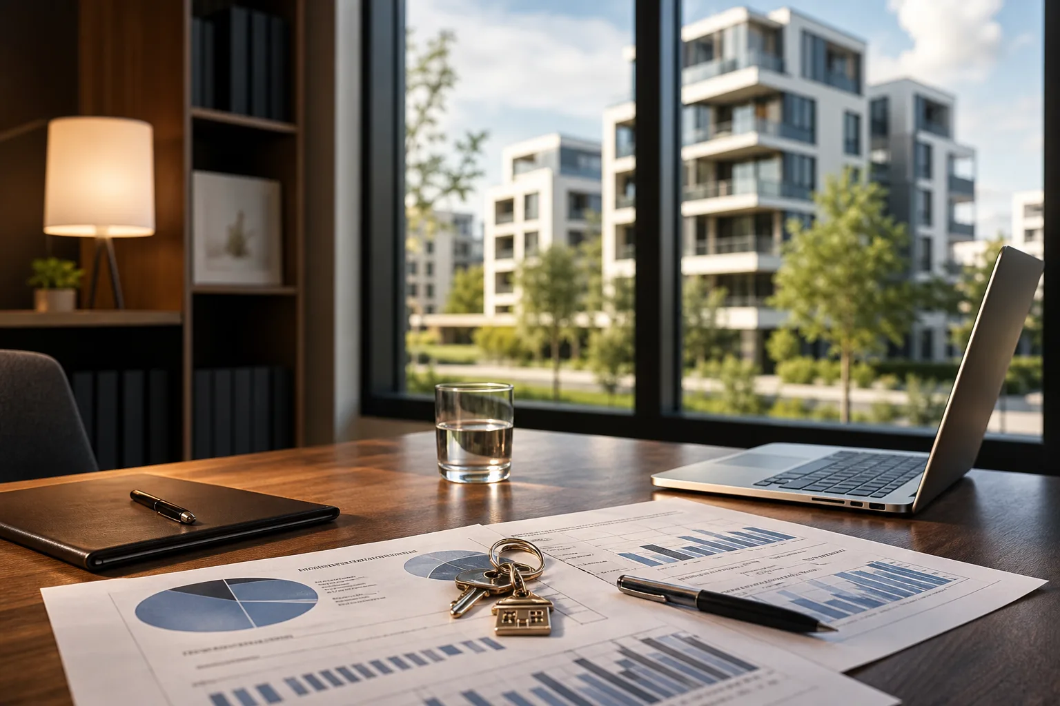 Personne consultant des documents financiers et un immeuble résidentiel en arrière-plan, ambiance investissement immobilier