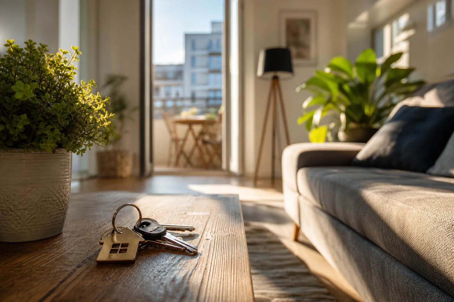 Un salon lumineux et soigné avec un trousseau de clés posé sur une table basse, illustrant une location meublée de type Airbnb