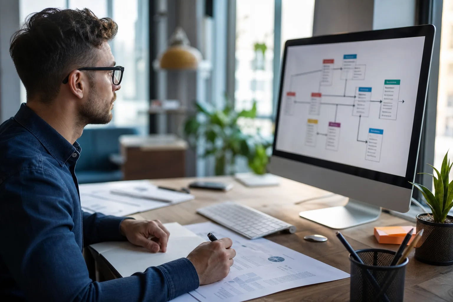 Un consultant SEO schématise sur un tableau blanc un réseau de pages reliées par des flèches, dans un bureau lumineux