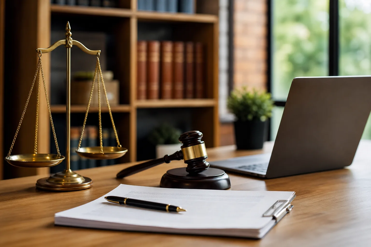 Une balance de la justice et un document juridique posés sur un bureau en bois, à côté d'un ordinateur portable, dans un cabinet lumineux