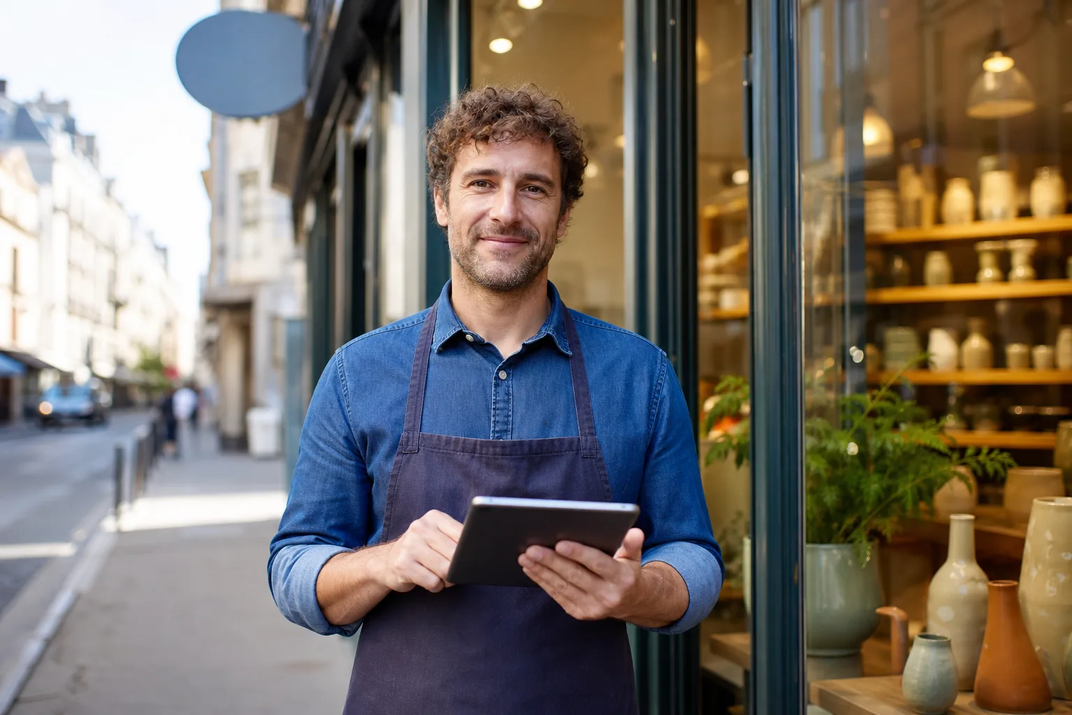 Un commerçant met à jour la fiche Google Business Profile de sa boutique sur une tablette, devant sa devanture éclairée par la lumière du matin