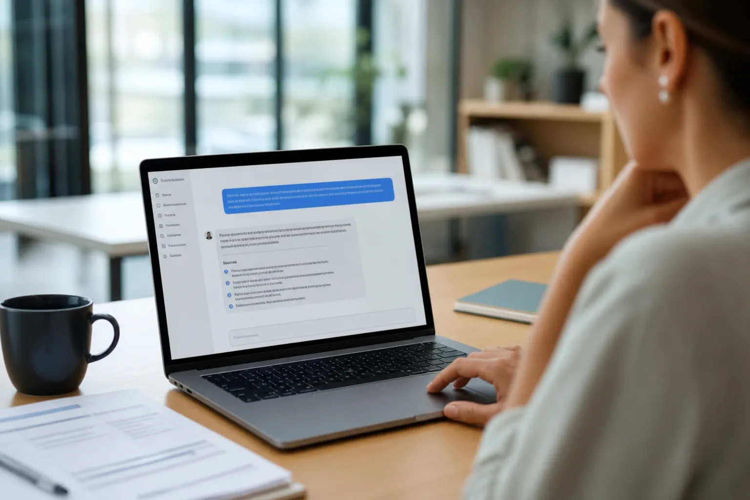 Écran d'ordinateur affichant une interface de chatbot IA avec des sources citées, dans un environnement de travail moderne