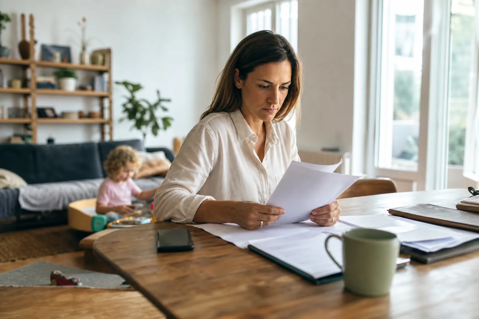 Un parent consulte des documents administratifs à table pendant qu'un enfant joue en arrière-plan, appartement lumineux