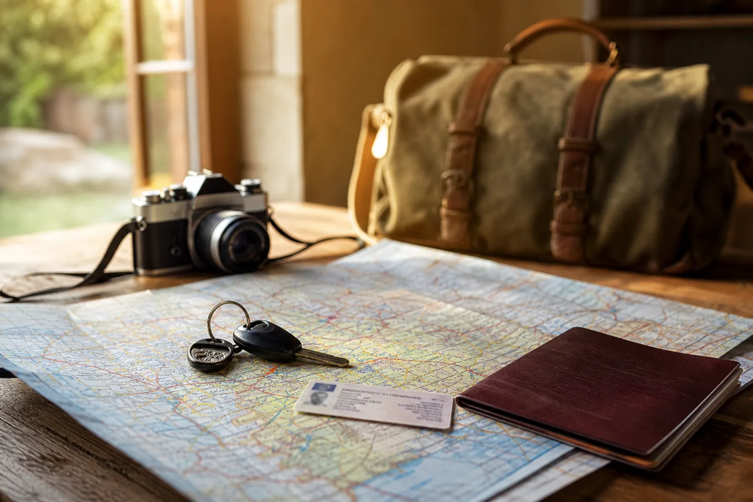 Documents de voyage, permis de conduire et clés de voiture posés sur une carte routière dépliée à côté d'un sac de voyage