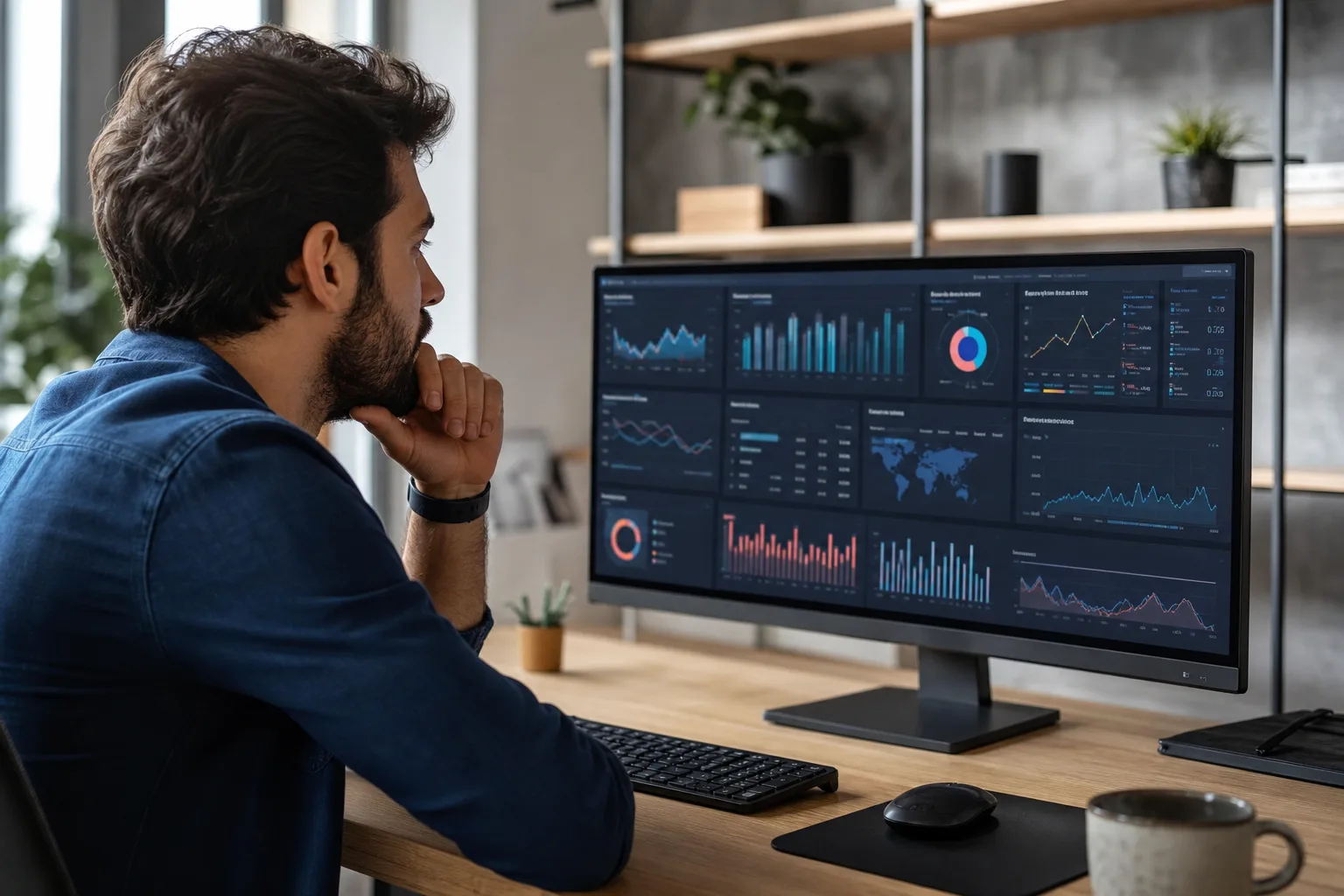 Un spécialiste marketing consulte un tableau de bord de campagnes publicitaires sur un écran d'ordinateur, dans un bureau moderne