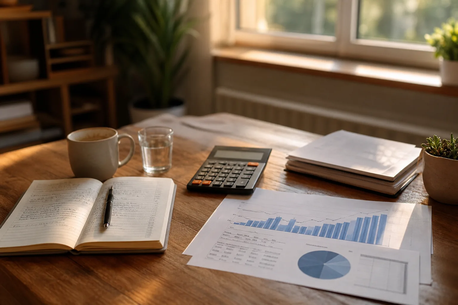 Carnet d'épargne posé sur une table à côté d'une calculatrice et de graphiques financiers, lumière naturelle