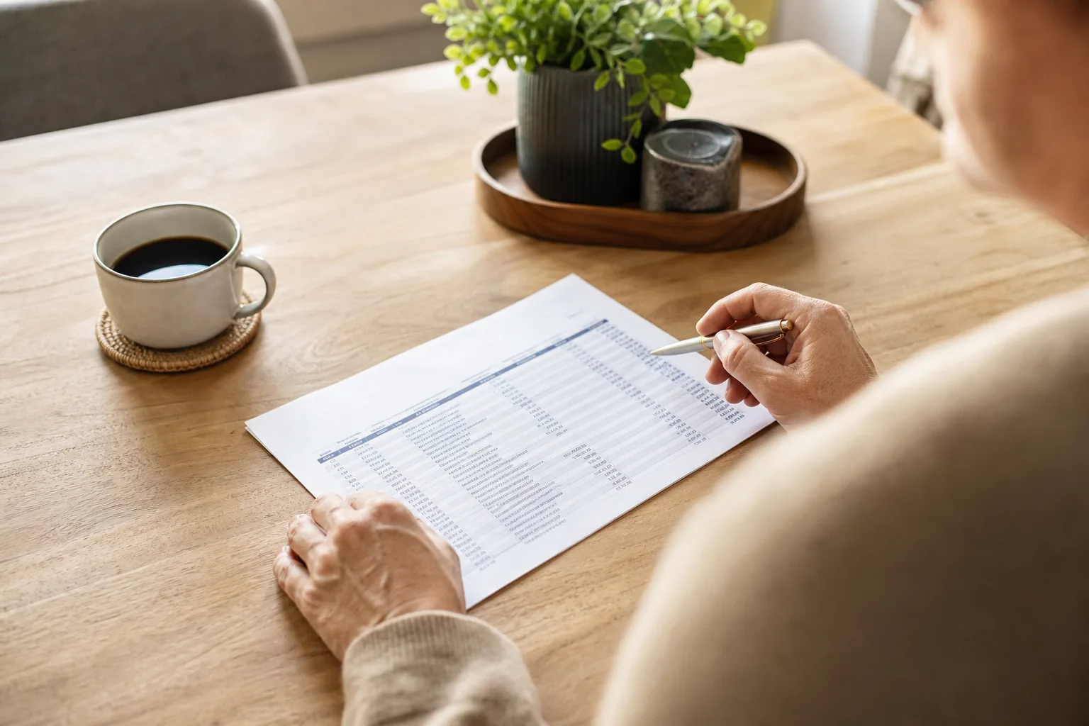 Relevé bancaire papier posé sur une table en bois, une personne en examine les lignes stylo à la main près d'une tasse de café