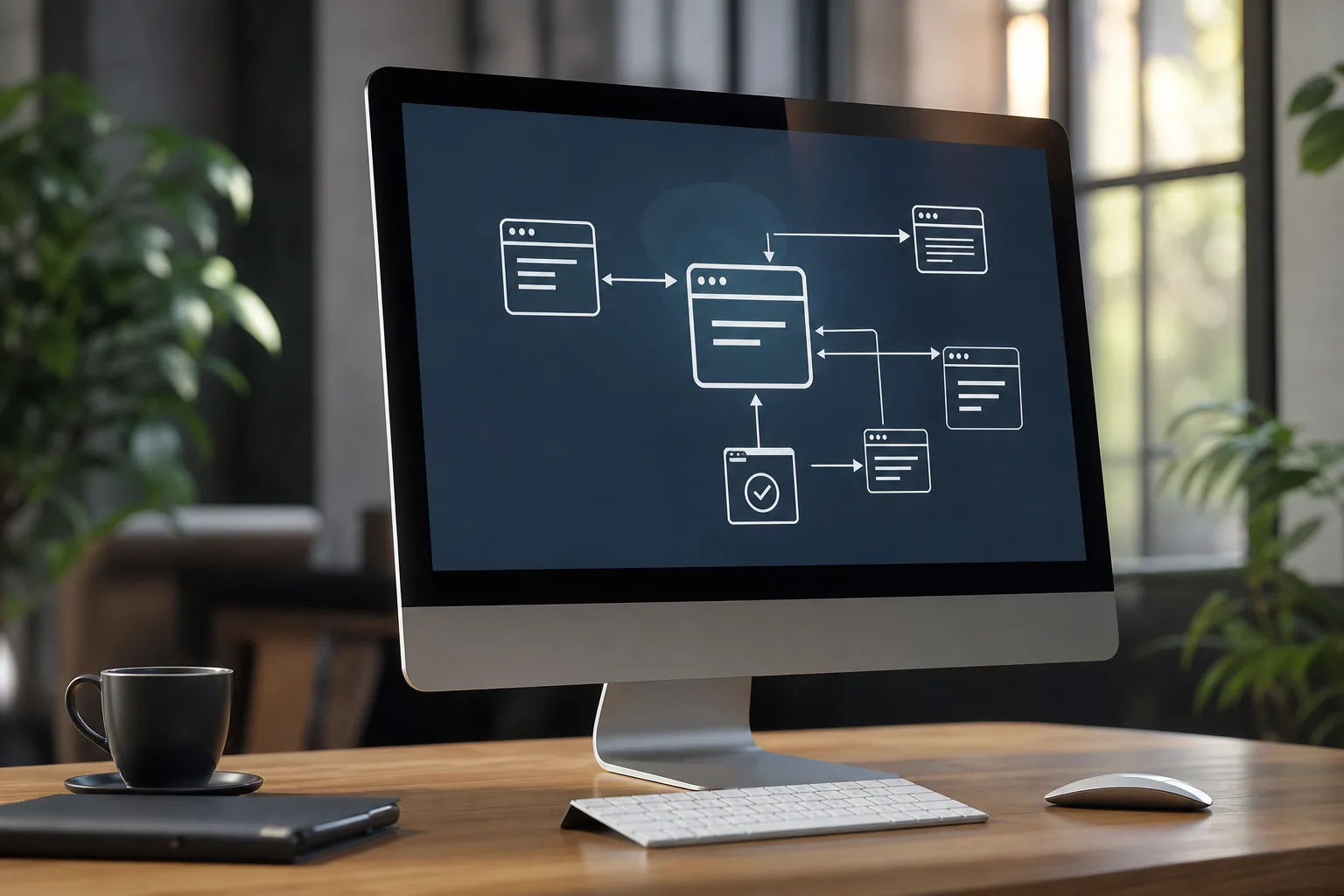 Écran d'ordinateur affichant des lignes de code et un diagramme de flèches de redirection d'URL, dans un bureau moderne