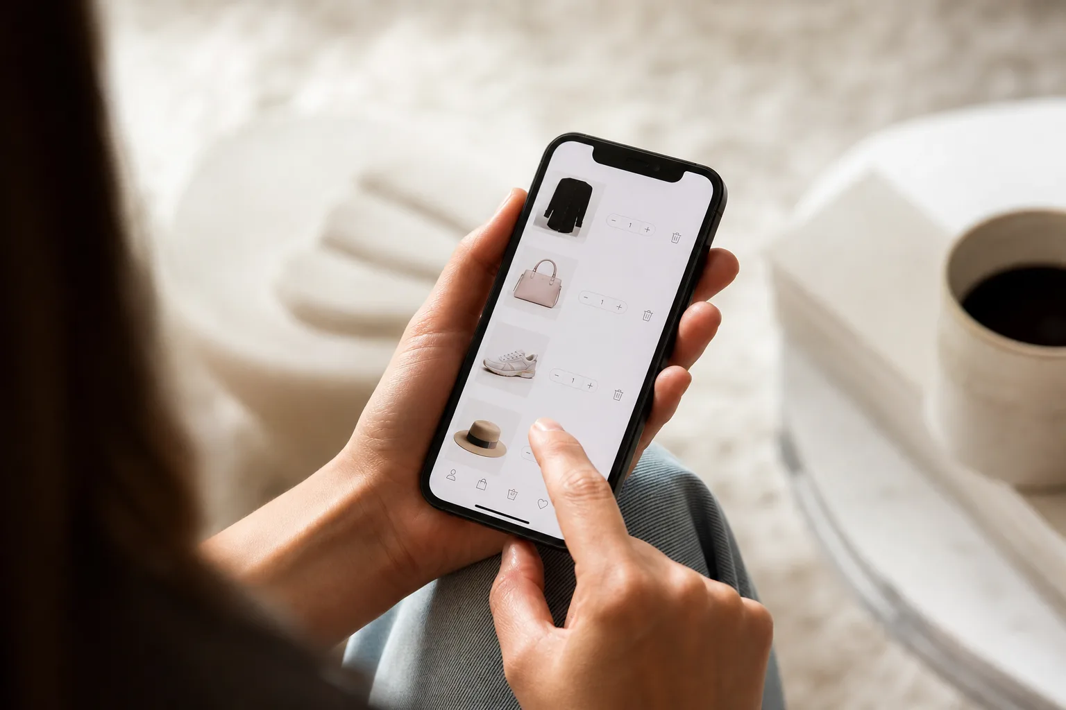 Personne tenant un smartphone affichant un panier d'achat en ligne, avec des produits visibles à l'écran