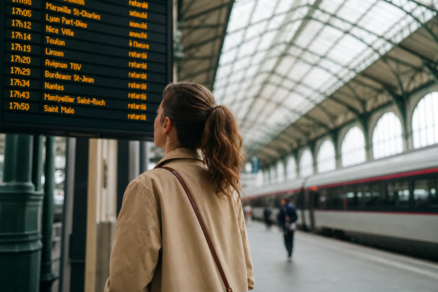 Un voyageur consulte le tableau des départs affichant un retard sur un quai de gare TGV, valise à la main