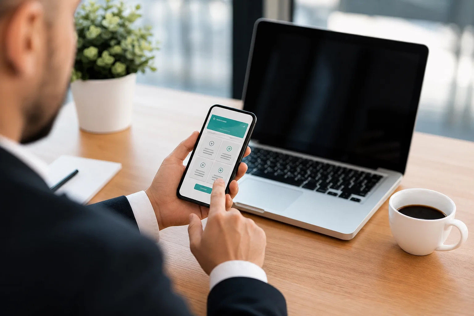 Main tenant un smartphone affichant un écran d'abonnement, ordinateur portable ouvert en arrière-plan sur un bureau
