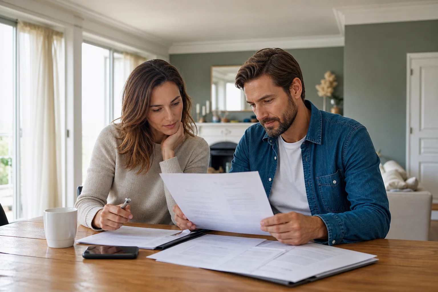 Un couple examine des documents de prêt immobilier et un contrat d’assurance emprunteur à une table de cuisine baignée de lumière naturelle
